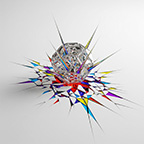 Illustration with a geometric chrome shape sitting on top of a cracked floor with colours between the cracks