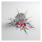 Illustration with a geometric chrome shape sitting on top of a cracked floor with colours between the cracks