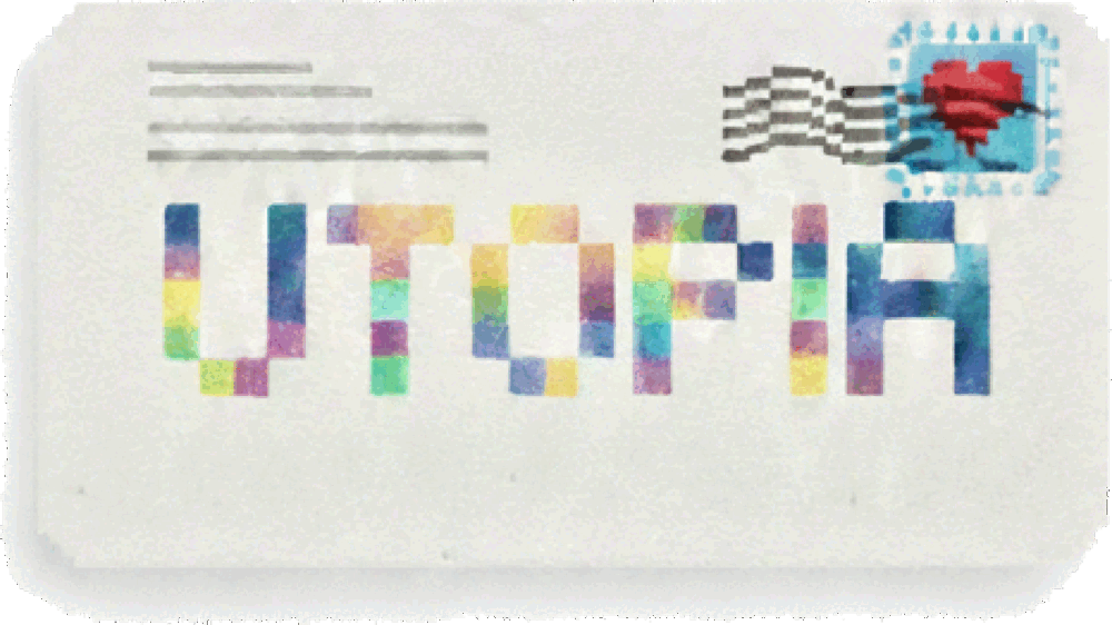 An illustrated envelope with “Utopia” in colourful mosaic lettering