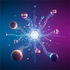 Illustration with various floating and glowing spheres, some with nation state flags on them